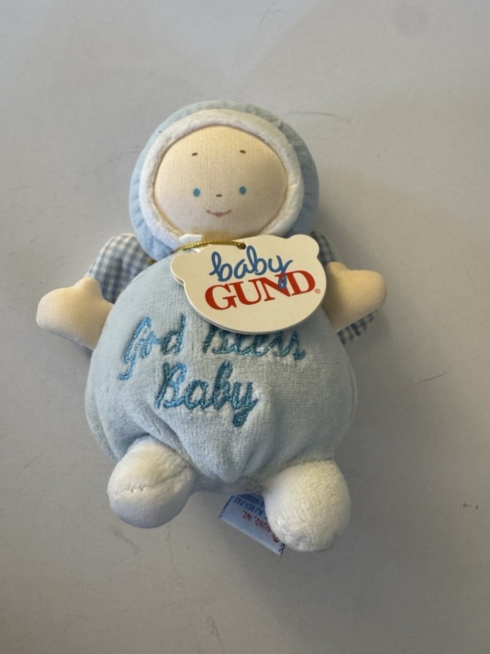 Baby Gund God Bless Baby Blue Angel Chime Rattle 5" Satin Ribbon Gingham J30
